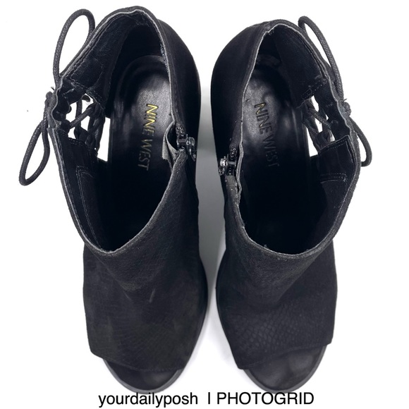Nine West black suede peep toe lace-up cutout block heel ankle boots US 9 - Picture 8 of 13